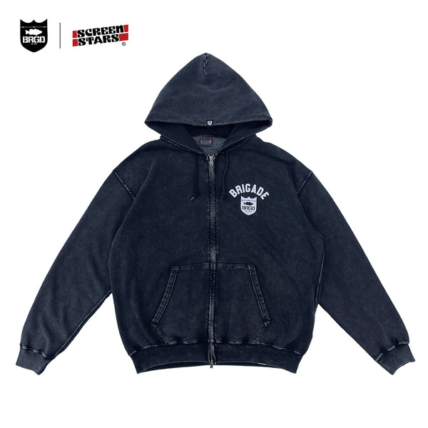 SCREEN STARS × BASS BRIGADE CHEMICAL WASH ZIP HOODIE - BLACK