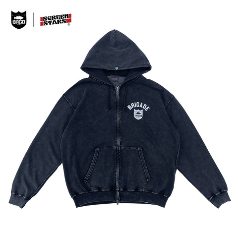 SCREEN STARS × BASS BRIGADE CHEMICAL WASH ZIP HOODIE - BLACK